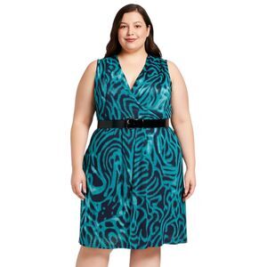 Jones New York Plus Size 3X Blue Teal Print Dress V-Neck Faux Wrap Sleeveless